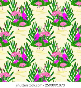 Vector - Flamingo birds seamless pattern. Standing on an island.