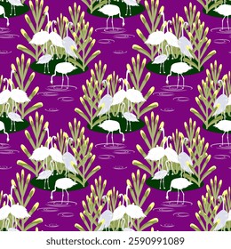 Vector - Flamingo birds seamless pattern. Standing on an island.