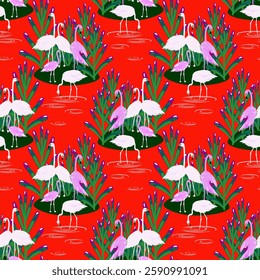 Vector - Flamingo birds seamless pattern. Standing on an island.