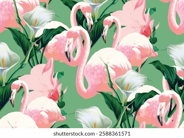 Vector Flamingo and Calla Lily Motifs on Green Base