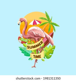 vector of flamingo with element of summer season flat style