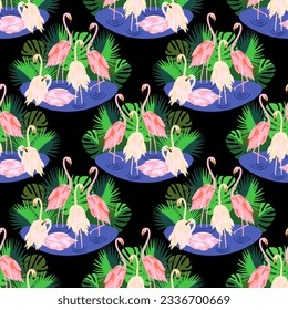 Vector - flamingo family standing in the water, with jungle arround, seamless pattern