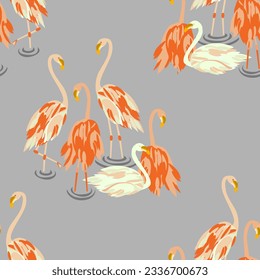 Vector - flamingo family standing in the water, with jungle arround, seamless pattern