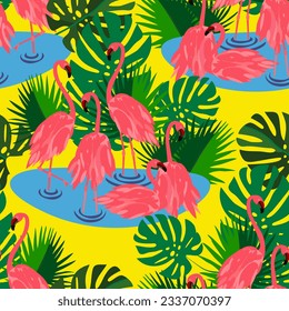 Vector - flamingo family standing in the water, with jungle arround, seamless pattern