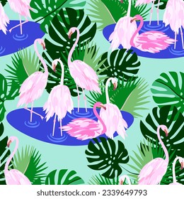 Vector - flamingo family standing in the water, with jungle arround, seamless pattern