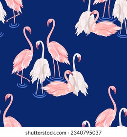 Vector - flamingo family standing in the water, with jungle arround, seamless pattern