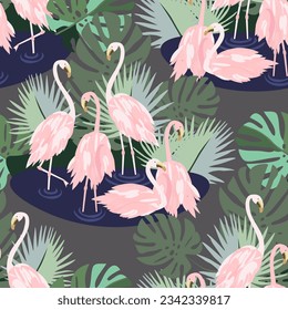 Vector - flamingo family standing in the water, with jungle arround, seamless pattern