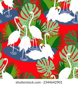 Vector - flamingo family standing in the water, with jungle arround, seamless pattern