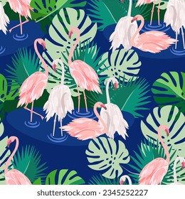 Vector - flamingo family standing in the water, with jungle arround, seamless pattern