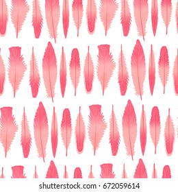 Vector Flamingo feathers seamless pattern. Hand drawing. Illustration isolated on white background. The concept of modern design for girls.