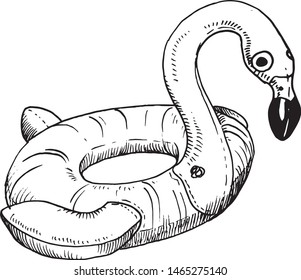 Vector flamingo in graphic style, tropical bird shape inflatable swimming pool ring, tube, float. Summer vacation holiday rubber object, traveling, beach ocean. Illustration isolated white background