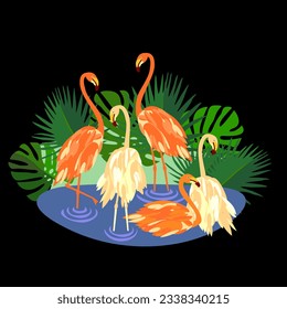 Vector - Flamingo group in a lake.
Illustration of animals, pattern.