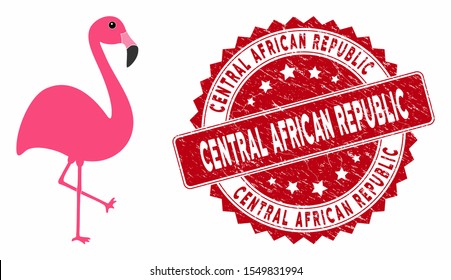 Vector flamingo icon and corroded round stamp seal with Central African Republic caption. Flat flamingo icon is isolated on a white background.