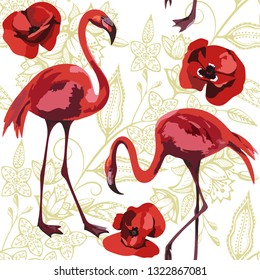 Vector flamingo and poppys pattern. Ethnic seamless pattern ornament. Vector pattern. 