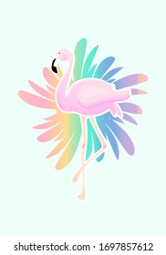 flamingo vectorial con flor de color arco iris - contorno blanco - pegatina