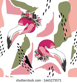 Vector flamingo seamless pattern. Flower wreath. Flowers, leaves, twigs. Tropical pattern for printing on textiles, paper, wallpaper, packaging.