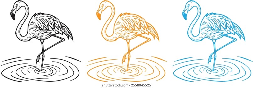 A vector of a flamingo standing on one leg in shallow water, with detailed feathers and ripples below. Graceful and elegant black line art.

