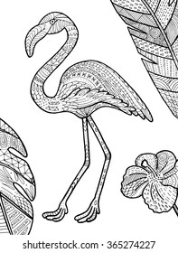 Vector flamingo tropical illustration for adult coloring book. Hand drawn coloring page.