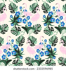 Vector - flamingos in the jungle, seamless pattern, illustration.