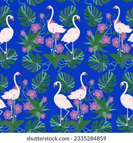 Vektorgrafik - Flamingos im Dschungel, nahtloses Muster, Illustration.