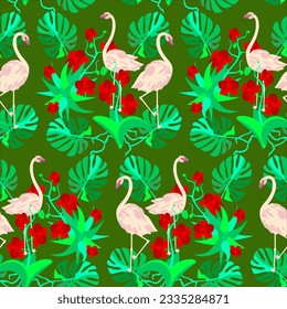 Vector - flamingos in the jungle, seamless pattern, illustration.