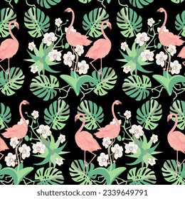 Vector - flamencos en la jungla, patrón sin fisuras, ilustración.