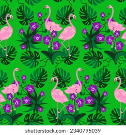 Vector - flamingos in the jungle, seamless pattern, illustration.