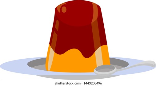 Vector of a flan in plate with a spoon