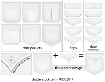 Vector. Flap pockets design. collection of shirt pockets