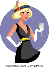 
Vector Flapper Girl Holding Champagne Glass Celebrating New Year. Cheerful socialite having fun at a costume party
