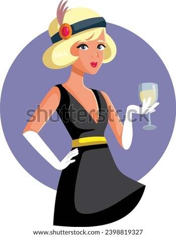 
Vector Flapper Girl Holding Champagne Glass Celebrating New Year. Cheerful socialite having fun at a costume party
