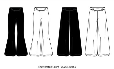 Vector flare pants for girls fashion CAD, sketch template, basic woman wide leg trousers technical drawing, trendy leggings flat, mock up. Jersey or woven fabric pants, from and back view, white color