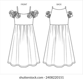 Vector flarroja ropa larga moda CAD, mujer midi vestido con correas de hombro dibujo técnico, vestido frill de detalle, plantilla, boceto. Ropa de tela Jersey o trenzada, frontal, trasera, color blanco