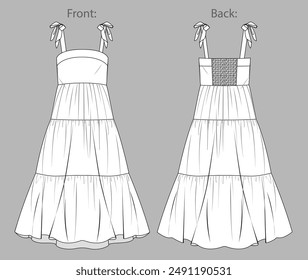 Vector flared long dress fashion CAD, woman maxi dress with shoulder straps technical drawing, gathering detail dress flat, template, sketch.Jersey or woven fabric dress, front, back view, white color