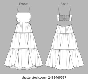 Vector flared long dress fashion CAD, woman maxi dress with shoulder straps technical drawing, bohemian style dress flat, template, sketch. Jersey or woven fabric dress, front, back view, white color