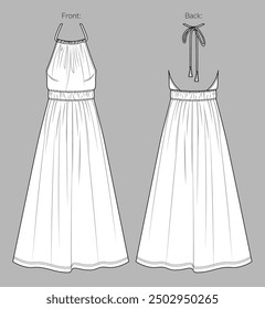 Vector flared long dress fashion CAD, woman maxi dress with shoulder straps technical drawing, gathering detail dress flat, template, sketch.Jersey or woven fabric dress, front, back view, white color