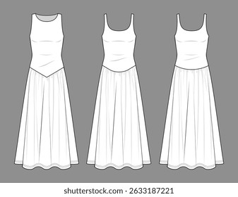 Vetor flored vestido longo moda CAD, mulher maxi vestido sem mangas com fluindo hem desenho técnico, boêmio estilo vestido plano, modelo, esboço. Jersey ou tecido vestido de tecido, vista frontal, cor branca