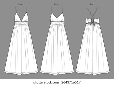 Vector flared long dress fashion CAD, woman maxi dress with shoulder straps technical drawing, gathering detail dress flat, template, sketch.Jersey or woven fabric dress, front, back view, white color