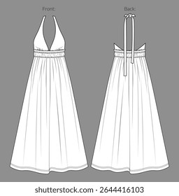 Vector flared long dress fashion CAD, woman maxi dress with shoulder straps technical drawing, gathering detail dress flat, template, sketch.Jersey or woven fabric dress, front, back view, white color