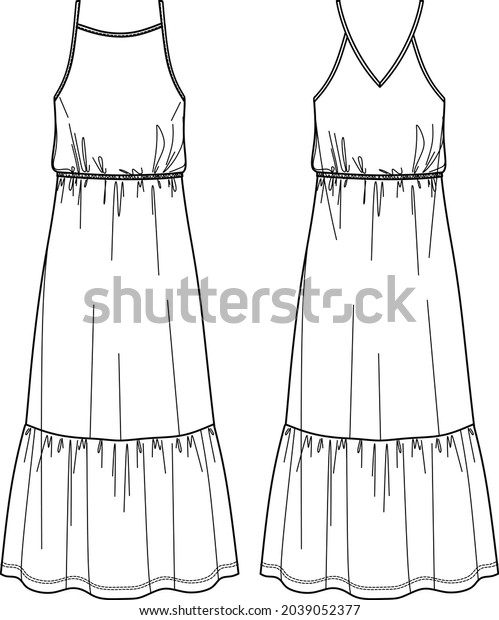 Vector flared long dress fashion CAD, woman maxi\
dress with shoulder straps technical drawing, frill detail dress\
flat, template, sketch. Jersey or woven fabric dress, front, back\
view, white color