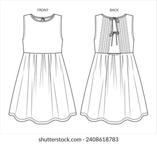 Vector flarroja mini vestido moda CAD, mujer midi vestido con guarnecido de encaje y dibujo técnico de detalle de arco, vestido de chica, plantilla, boceto. Ropa de tela Jersey o trenzada, frontal, trasera, color blanco