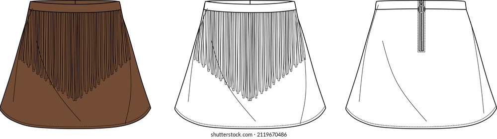 Vector Flared Mini Skirt Fashion CAD, Woman Fringe Detailed Skirt Technical Drawing, Sketch, Template, Flat. Jersey, Woven Fabric, Leather Or Suede Skirt With Front, Back View, White Color