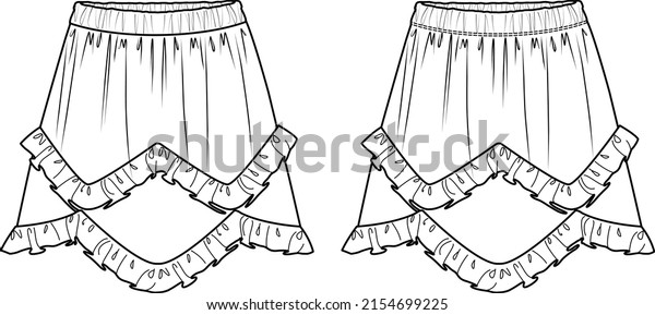Vector flared mini skirt with frills technical\
drawing, woman skirt with elasticized waistband fashion cad,\
sketch, template, mock up. Jersey or woven fabric skirt with front,\
back view, white color