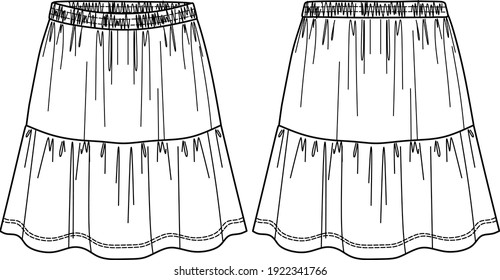 Vector flared mini skirt technical drawing, woman skirt with elasticized waistband fashion cad, sketch, template, mock up. Jersey or woven fabric skirt with front, back view, white color