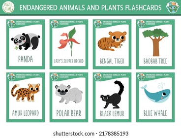 Vector flash cards set with extinct animals. Ecological English language game with whale, panda, leopard. Eco awareness flashcards for children. Simple educational printable worksheet.
