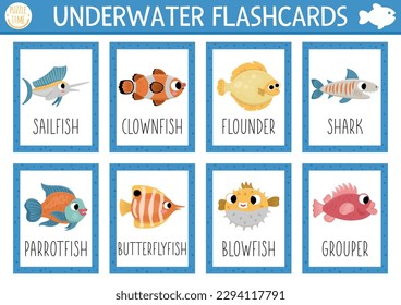 Tarjetas flash vectoriales con peces. Juego en inglés con mero lindo, flounder, tiburón, pez payaso para los niños. Tarjetas de vida oceánicas con animales acuáticos. Hoja de trabajo simple e imprimible