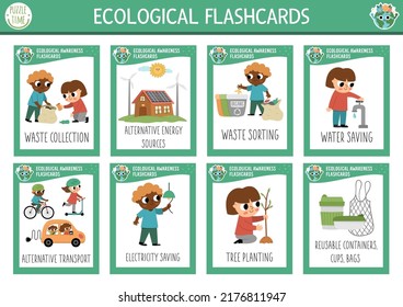 Vector Flash Cards Set With Kids Caring Of Environment. Ecological English Language Game. Eco Awareness Flashcards For Children. Simple Educational Printable Worksheet.
