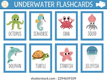 Vector flash cards set with water animals, octopus, seahorse. English language game with cute crab, turtle, dolphin for kids. Ocean life flashcards. Simple educational printable worksheet
