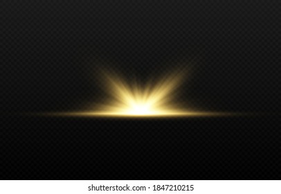 Vector flash of golden light. Shining of the sun, rays of the sun, dawn, sunrise. Lighting on an isolated black background. PNG light.