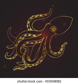 Vector flash golden tattoo design with sea octopus, hand drawn sketch in outlines. Marine animal simple illustration